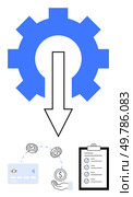 Gear with arrow pointing down indicates system operation. Hand exchanging money symbols near credit card and checklist. Ideal for fintech, automation, banking, financial planning, workflows, project. Financial Transaction Process with Gear Mechanism, Money Exchange, Payment Card, and Checklist. Стоковая иллюстрация, агентство Ingram Publishing / Фотобанк Лори