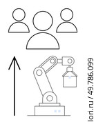 Three people icons connected by an arrow pointing to an industrial robotic arm. Ideal for teamwork, automation, manufacturing, productivity, innovation, employee collaboration, efficiency. Line. Team Collaboration and Robotic Automation for Streamlined Production Efficiency. Стоковая иллюстрация, агентство Ingram Publishing / Фотобанк Лори
