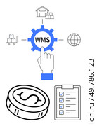 Hand touching WMS gear, logistics icons thumbs up trucks, containers, warehouse, globe, coin with dollar sign, and checklist. Ideal for supply chain management, logistics warehousing technology. Warehouse Management System WMS Gear with Logistics and Financial Icons in Business Strategy Visual. Стоковая иллюстрация, агентство Ingram Publishing / Фотобанк Лори