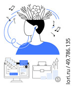 Abstract person with flowers growing from head listening to music. Computer with emails, binary code. Suitcase, upward arrows. Ideal for creativity, innovation, work-life balance, productivity. Creative Mindset with Music and Digital Innovation in a Professional Setting. Стоковая иллюстрация, агентство Ingram Publishing / Фотобанк Лори