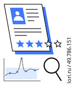 Document with profile photo text blocks star rating graph magnifying glass. Ideal for business, recruitment, analysis, performance, review, assessment, data visualization. Line metaphor. Professional Profile with Star Rating, Graph Analytics, and Magnifying Glass. Стоковая иллюстрация, агентство Ingram Publishing / Фотобанк Лори