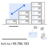 Credit card icon, coins in hand, and bar graph with upward arrow. Ideal for finance, investments, banking, savings, economic growth financial projections and income tracking. Line metaphor. Financial Growth Representation with Credit Card, Coins, and Bar Graph Indicating Increase. Стоковая иллюстрация, агентство Ingram Publishing / Фотобанк Лори