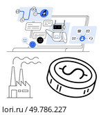 Chatbot interacting with users on laptop screen, factory with emissions, and large coin. Ideal for technology, industry, automation, economy, online support user experience communication. Line. Chatbot Interacting with Users, Factory Emissions, Large Coin Illustrating Technology, Economy, and Industry. Стоковая иллюстрация, агентство Ingram Publishing / Фотобанк Лори