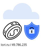 Cloud storage icon with black coin featuring dollar sign and blue shield with lock. Ideal for finance, cybersecurity, data protection, online storage, secure transactions, digital banking. Cloud storage security with data protection represented by shield lock and money coin symbols. Стоковая иллюстрация, агентство Ingram Publishing / Фотобанк Лори