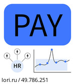 PAY in bold on blue. HR network connects individuals. Graph with data points. Ideal for payroll HR data analysis, business growth, finance, management, evaluation. Line metaphor. Efficient Payroll Management and HR Analytics for Business Optimization. Стоковая иллюстрация, агентство Ingram Publishing / Фотобанк Лори