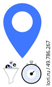 Large blue location marker, funnel with falling colored spheres, stopwatch indicating time management. Ideal for data analysis, efficiency, productivity, organization, project management, tracking. Location marker with a funnel and stopwatch representing efficiency and productivity in data management. Стоковая иллюстрация, агентство Ingram Publishing / Фотобанк Лори