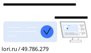 Digital screen with a blue check mark icon next to a desktop monitor showing an analytics dashboard with charts. Ideal for data privacy, security verification, business analytics, data. Digital Screen with Verification Badge beside Desktop Monitor Displaying Data Analytics Dashboard. Стоковая иллюстрация, агентство Ingram Publishing / Фотобанк Лори