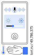 Smartphone with a microphone icon, temperature slider between sun and snowflake symbols, and a house icon. Below is a hand adjusting a thermometer. Ideal for smart home, climate control, technology. Voice-Controlled Smart Home Climate Control with Temperature Adjustment and Voice Recognition. Стоковая иллюстрация, агентство Ingram Publishing / Фотобанк Лори