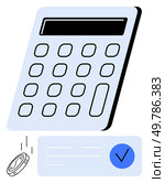 Calculator with numeric keypad, falling coin, and checkmark symbol. Ideal for finance, accounting, budgeting, audits, bookkeeping tax preparation economic analysis. Line metaphor. Calculator with Falling Coin and Checkmark Highlighting Financial Accuracy and Accountability. Стоковая иллюстрация, агентство Ingram Publishing / Фотобанк Лори