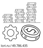 Gear and single coin alongside progressively taller stacks of coins highlight concepts of development, efficiency, time investment, and financial return. Ideal for economics, business growth. Gear and coin beside stacks of increasing height coins represent growth, productivity, and value. Стоковая иллюстрация, агентство Ingram Publishing / Фотобанк Лори