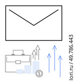 Envelope above briefcase, bar graph, dollar coin, and upward arrows. Ideal for business communication, finance, investment, economic growth, email marketing professional correspondence. Envelope with Briefcase, Financial Bar Graph, Dollar Coin, and Upward Arrows for Business Growth Concept. Стоковая иллюстрация, агентство Ingram Publishing / Фотобанк Лори