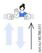 Womans hand raised to stop with fists on sides, blue downward and upward arrows, and black upward arrow. Ideal for decision-making, conflict resolution, personal boundaries, business strategy, career. Woman making stop gesture amidst contrasting upward and downward arrows representing decisions. Стоковая иллюстрация, агентство Ingram Publishing / Фотобанк Лори