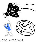 Man wearing blue shirt swings pickaxe toward large coin with dollar sign while giant insect flies above. Ideal for financial concepts, work ethics, challenges, perseverance, rewards, motivation. Person Swinging Pickaxe to Extract Giant Coin with Flying Insect Overhead. Стоковая иллюстрация, агентство Ingram Publishing / Фотобанк Лори