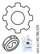 Gear icon, coin with dollar sign, and SCORM box containing multimedia icons such as email, music, and video. Ideal for system integration, monetization, e-learning, content management digital. Gear, coin with dollar sign, and SCORM box with multimedia icons representing system integration and monetization. Стоковая иллюстрация, агентство Ingram Publishing / Фотобанк Лори