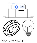 Resume box with CV document, coin with dollar sign, and light bulb. Ideal for career growth, job searching, personal development, finance, innovation entrepreneurship idea generation. Line metaphor. Resume Box with Currency Coin and Light Bulb Representing Career, Success, and Ideas. Стоковая иллюстрация, агентство Ingram Publishing / Фотобанк Лори
