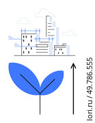 City skyline interwoven with giant blue leaves symbolizes balance between urbanization, nature. Ideal for sustainability, environment, innovation, growth, architecture, urban planning. Urban Development Meets Nature Harmonizing City Growth with Sustainability and Green Initiatives. Стоковая иллюстрация, агентство Ingram Publishing / Фотобанк Лори