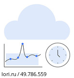 Cloud graph and clock symbolize technology data analytics real-time monitoring time management, forecasting, networking, efficiency. Ideal for tech, business, productivity, analytics, data. Cloud Computing Analytics Real-Time Data Monitoring and Time Management. Стоковая иллюстрация, агентство Ingram Publishing / Фотобанк Лори