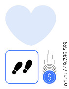 Large heart shape above, footprints inside a blue frame in the middle, and falling coins with a dollar sign. Ideal for fitness goals, love for healthy living, charitable donations, financial success. Heart, Footprints Inside a Blue Frame, and Falling Coins with Dollar Symbol in Minimalistic Design. Стоковая иллюстрация, агентство Ingram Publishing / Фотобанк Лори
