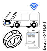 Autonomous bus with blue wireless signal, dollar coin, and digital contract. Ideal for smart city planning, public transportation, autonomous vehicle tech, digital contracts, financial savings, urban. Autonomous Bus with wireless, Financial Savings, and Digital Contract for Smart City Transportation. Стоковая иллюстрация, агентство Ingram Publishing / Фотобанк Лори