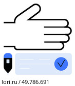 Hand ready to sign document with pen beside. Document includes a blue checkmark. Ideal for business approvals, signatures, contracts, agreements, legal, authorization financial. Line metaphor. Hand Poised to Sign Document with Pen and Approved Checkmark Indicating Confirmation. Стоковая иллюстрация, агентство Ingram Publishing / Фотобанк Лори