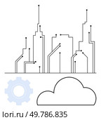 Outline of city skyscrapers interconnected with circuit lines, cloud below, and gear icon. Ideal for tech innovations, urban planning, smart cities, IoT, cloud computing, digital infrastructure. Futuristic Smart City Skyline with Cloud Computing and Gear Symbolizing Technology Integration. Стоковая иллюстрация, агентство Ingram Publishing / Фотобанк Лори