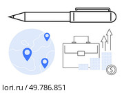 Pen, map with location markers, briefcase, and financial growth symbols thumbs up rising arrows and coin. Ideal for financial planning, business strategy, navigation services, productivity tools. Tools for Business Growth Pen, Map with Pointers, Briefcase, and Financial Success Symbols. Стоковая иллюстрация, агентство Ingram Publishing / Фотобанк Лори