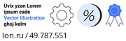 Gear, percentage symbol, and award badge arranged horizontally. Ideal for marketing, business processes, promotions, achievement highlights, discounts, success recognition, educational content. Gear, Percentage Symbol, and Award Badge for Business and Marketing Themes. Стоковая иллюстрация, агентство Ingram Publishing / Фотобанк Лори
