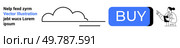 Cloud outline, large blue BUY button, woman in lab coat pointing towards it, placeholder text. Ideal for website banners, tech product ads, call-to-action prompts, online shopping sites, digital. Cloud Shape, Blue BUY Button, and Woman in Lab Coat Pointing - Simplistic Design Elements. Стоковая иллюстрация, агентство Ingram Publishing / Фотобанк Лори