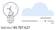 Solar panel and wind turbine inside light bulb, surrounded by clouds. Ideal for renewable energy, sustainability, green technology, environmental conservation, innovation, clean power, eco-friendly. Renewable Energy Concept with Solar Panels and Wind Turbine in Light Bulb with Cloud Background. Стоковая иллюстрация, агентство Ingram Publishing / Фотобанк Лори