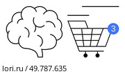 Brain outline alongside shopping cart with notification badge signaling three items. Ideal for online shopping, e-commerce, marketing, consumer behavior, cognitive processes, technology, education. Shopping Cart Checkout Process and Brain Intelligence Concept with Notification Badge. Стоковая иллюстрация, агентство Ingram Publishing / Фотобанк Лори