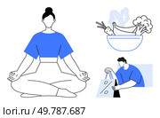 Woman meditating in lotus position, bowl of vegetables and fruits, man unpacking groceries. Ideal for wellness, healthy living, mindfulness, nutrition, meditation self-care balance. Line metaphor. Wellness Practices Meditation, Healthy Eating, and Mindful Shopping for a Balanced Lifestyle. Стоковая иллюстрация, агентство Ingram Publishing / Фотобанк Лори