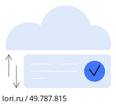 Cloud graphic with data syncing arrows and blue circle checkmark representing secure cloud storage. Ideal for data backup, cloud services, security, technology, IT services, app development, network. Cloud Storage Service with Data Sync Icon and Blue Checkmark Symbolizing Secure Backup. Стоковая иллюстрация, агентство Ingram Publishing / Фотобанк Лори