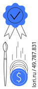 Blue ribbon with checkmark, paintbrush, and stack of coins. Ideal for art quality, creativity, financial success, awards, achievements recognition marketing. Line metaphor. Recognized Quality in Art Ribbon, Paintbrush, and Coins Representing Financial Success and Creativity. Стоковая иллюстрация, агентство Ingram Publishing / Фотобанк Лори