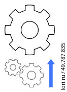 Large gear with two smaller gears and upward blue arrow symbolizing progress. Ideal for productivity, innovation, business growth, teamwork, mechanics, technical concepts, and engineering. Line. Gear Mechanisms Understanding Productivity, Innovation and Progress with Blue Upward Arrow. Стоковая иллюстрация, агентство Ingram Publishing / Фотобанк Лори