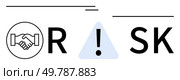 Handshake inside circle, exclamation mark in triangle, and letters SK represent risk and cooperation. Ideal for business planning, risk management, partnerships, warnings, contract negotiations. Handshake, Exclamation Mark, and SK Highlighting Elements of Risk and Cooperation. Стоковая иллюстрация, агентство Ingram Publishing / Фотобанк Лори