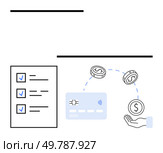 Credit card, flying coins, checklist, and hand catching coins. Ideal for financial services, banking, digital transactions, online shopping budgeting financial management and e-commerce. Line. Digital Payment Concept with Credit Card, Checklist, Coins, and Hand Representing Financial Transactions. Стоковая иллюстрация, агентство Ingram Publishing / Фотобанк Лори
