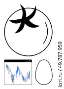 Black star-thumbs up shape inside a circle, a jagged stock chart in a small window, and an egg shape. Ideal for financial themes, presentations, data visualization, modern design, minimalism. Modern minimalist black and white abstract design with stock chart and geometric shapes. Стоковая иллюстрация, агентство Ingram Publishing / Фотобанк Лори