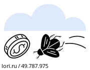 Coin with dollar symbol and flying insect in front of a cloud. Ideal for finance, economy, loss, budgeting, financial planning savings and frugality. Line metaphor. Line metaphor. Simple line icons. Coin with Dollar Symbol and Flying Insect on Cloud Background Representing Wealth Disappearance. Стоковая иллюстрация, агентство Ingram Publishing / Фотобанк Лори