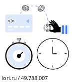 Hand holding coin credit card coins in motion, stopwatch, and clock. Ideal for finance, time management, payment processing, financial transactions, digital banking, efficient money transfer. Online Money Transfer Concept with Hand, Credit Card, Timer, and Clock Symbols. Стоковая иллюстрация, агентство Ingram Publishing / Фотобанк Лори