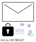 Envelope, lock, credit card, coins, and hand illustrations representing secure online transactions and financial data protection. Ideal for e-commerce, security, finance, email payment systems. Secure Online Payment Concept Featuring Envelope, Lock, Credit Card, Coins, and Hand Elements. Стоковая иллюстрация, агентство Ingram Publishing / Фотобанк Лори