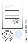 Contract with signature, dollar coin, and light bulb. Ideal for business agreements, financial planning, entrepreneurship, legal documents, innovation investments and startups. Line metaphor. Contract Document with Signature, Coin Symbolizing Finance, and Light Bulb Idea Representation. Стоковая иллюстрация, агентство Ingram Publishing / Фотобанк Лори