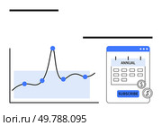 Graph with fluctuating data points next to a calendar interface with Annual Subscribe button and dollar symbols. Ideal for finance, business, growth, analysis, planning, subscription model, digital. Subscription Growth and Financial Planning through Data Analysis and Trends. Стоковая иллюстрация, агентство Ingram Publishing / Фотобанк Лори