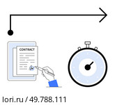 Arrow hand signing a contract stopwatch. Ideal for legal agreements, productivity, time management, business processes, workflow, deadlines, efficiency. Line metaphor. Efficient Contract Signing Process with Timely Execution and Progress Tracking. Стоковая иллюстрация, агентство Ingram Publishing / Фотобанк Лори