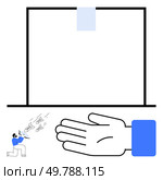 Giant open hand, coding person aiming arrows, blank screen with coding mishaps. Ideal for software development, problem-solving, debugging, programming, technology perseverance reaching goals. Line. Catching Error-Free Code Individual Reaches for Solution in Software Development Illustration. Стоковая иллюстрация, агентство Ingram Publishing / Фотобанк Лори