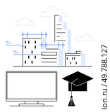 Skyline with under-construction buildings, large computer monitor, and graduation cap. Ideal for education, technology, construction, urban development, digital learning, academic achievement. Modern Cityscape with Construction Elements, Computer Monitor, and Graduation Cap, Representing Education and Progress. Стоковая иллюстрация, агентство Ingram Publishing / Фотобанк Лори