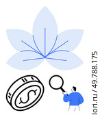 Large blue leaf with branching lines, a magnifying glass held by a person, and a dollar coin. Ideal for financial growth, economic analysis, environmental economics, investment strategies, fiscal. Economic Analysis and Financial Growth Concept with Nature and Currency Elements. Стоковая иллюстрация, агентство Ingram Publishing / Фотобанк Лори