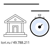 Line art of a building and a stopwatch representing prompt financial services. Ideal for banking, financial planning, punctuality, efficiency, deadlines, speed, and structured services. Line metaphor. Timely Financial Services Symbolized by Building and Stopwatch. Стоковая иллюстрация, агентство Ingram Publishing / Фотобанк Лори