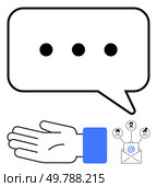 Chat bubble with ellipsis, hand gesture, email envelope with connected user icons. Ideal for digital communication, social media, customer service, messaging apps, user interaction networking. Line. Digital Communication Concept with Chat Bubble, Hand Gesture and Email Connected to Users. Стоковая иллюстрация, агентство Ingram Publishing / Фотобанк Лори