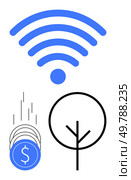 wireless signal icon, falling coins, minimalist tree. Ideal for technology, finance, nature growth investment sustainability environmental projects. Line metaphor. Line metaphor. Simple line icons. Internet connectivity with data streams represented by coins and minimalistic tree symbol. Стоковая иллюстрация, агентство Ingram Publishing / Фотобанк Лори