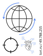 Globe surrounded by arrows, a target reticle, and a heart with circuit-thumbs up lines. Ideal for globalization, healthcare, technology, targeting, connectivity, health innovations future concepts. Globalization with healthcare synergy and targeting concept. Стоковая иллюстрация, агентство Ingram Publishing / Фотобанк Лори